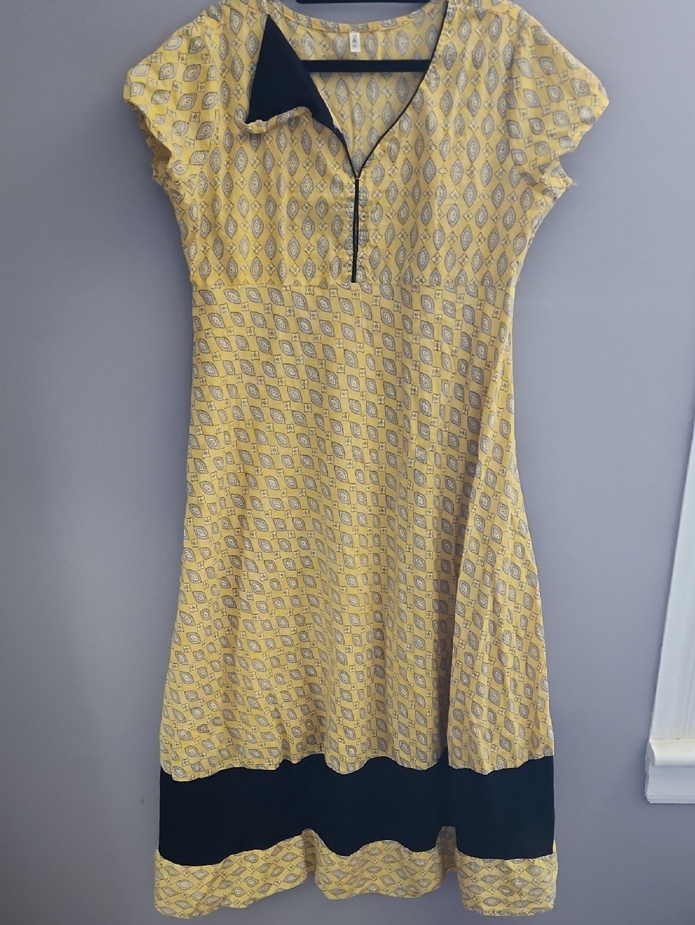 Yellow Printed Short Sleeve Top with Patterned Trim